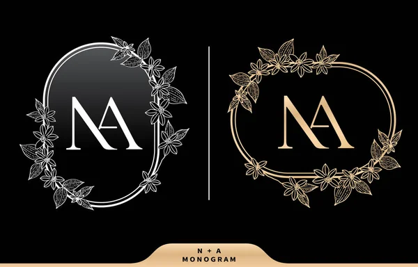 Naの頭文字とグラフィック名のための花のフレームのイラスト 結婚式のカップルの象徴的なためのモノグラム 会社とアイコンビジネス 2色のバリエーションデザイン黒白と金 — ストックベクタ