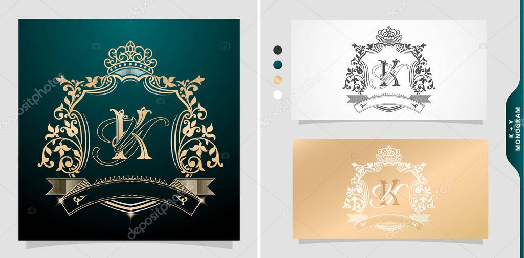 Set of labels with elements a initial  letter ky or yk. graphic name title. Frame Border of floral designs with variation colors, KY or YK Monogram, for insignia, label, wedding invitation, name card.