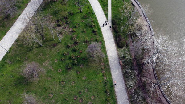 The view from the drone to the paths in the park