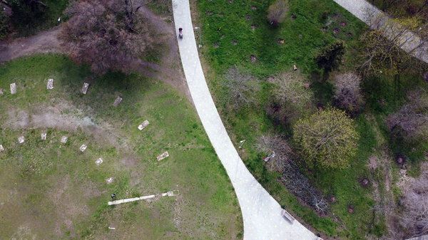 The view from the drone to the paths in the park