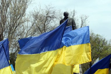 Ukrayna bayrakları ve Taras Shevchenko anıtı