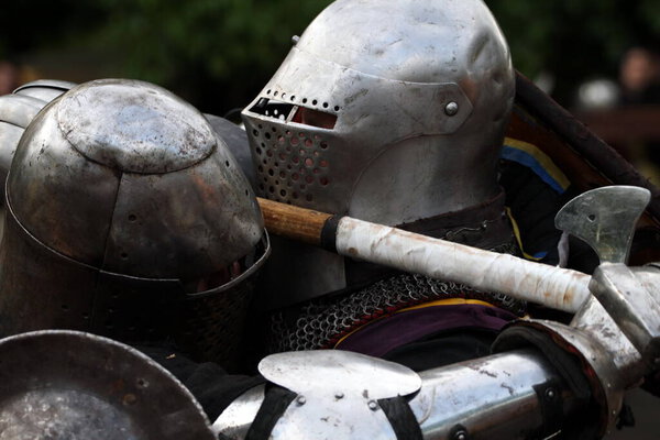 Medieval reenactors medieval knights fighting in armor