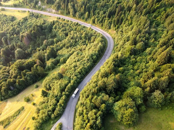 針葉樹林道や車の上のドローンからの眺めは — ストック写真