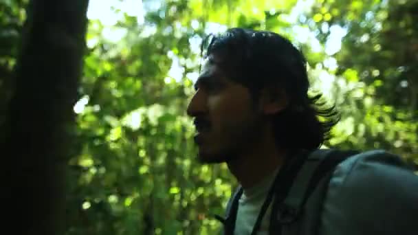 Young Male Walking Lush Rainforest Backpack Ikuti Ditembak — Stok Video