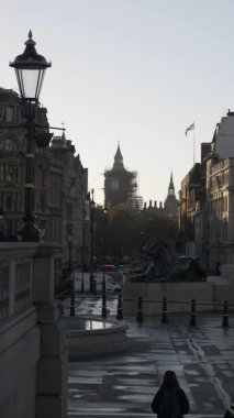Sabahki tecrit sırasında Trafalgar Meydanı 'ndan Whitehall' a bakıyorum. Dikey video. Kilitli
