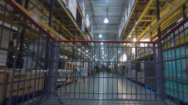 Pov Shopping Trolly Moverse Por Pasillo Almacén Por Mayor Seguir — Vídeo de stock