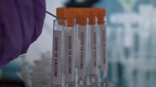 Şırınganın Ucu Coronavirus Covid Aşısını Test Tüpüne Damlatıyor Kapat Kapalı — Stok video