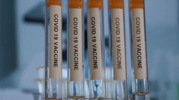 诺瓦克Covid 19疫苗在Rack的试管中 — 图库视频影像