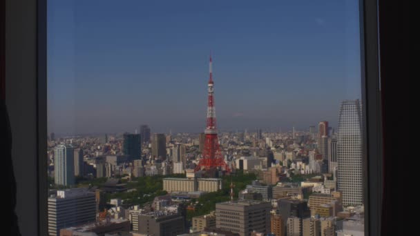 2017 Silhouette Adult Male Looking Out Hotel Window Overlooking Tokyo — 비디오