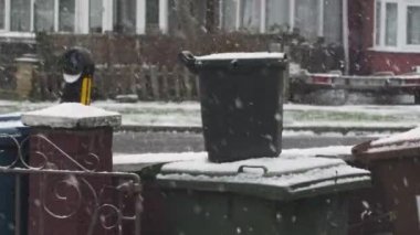 Çöp tenekesi kar altında, bahçedeki çöp tenekesinin üzerinde dinleniyor. Londra mı? Kilitli