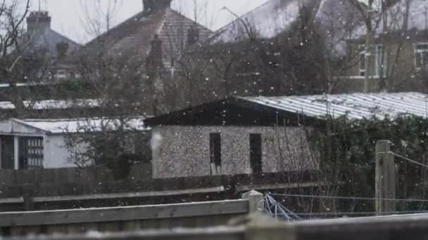 Snow Falling Residencial Back Gardens Garages Harrow Inglês Bloqueado — Vídeo de Stock