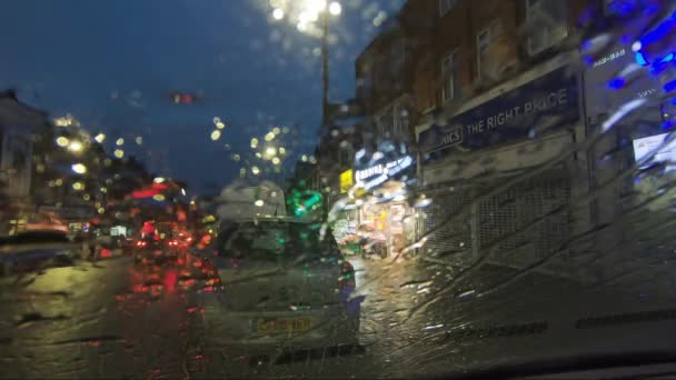 Rain Falling Parked Car Windscreen Night Cars Driving Locked — Stock Video