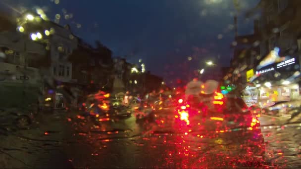 Rain Car Windscreen Night View Rear Tail Lights Car Front — стоковое видео