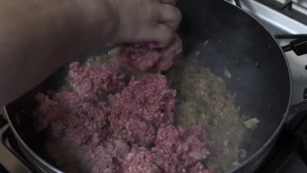 Colocación Mano Carne Picada Cruda Una Sartén Grande Con Cebollas — Vídeos de Stock