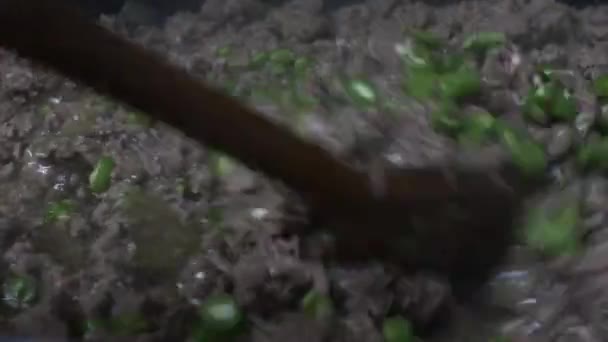 Des Piments Verts Frais Hachés Sont Mélangés Viande Hachée Dans — Video