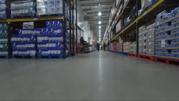 Low Angle Pov Trolly Cart Wholesale Warehouse Follow Shot — Stock Video