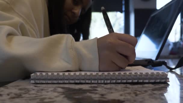Início Escolaridade Etnia Minoria Jovem Escrita Bloco Notas Lado Laptop — Vídeo de Stock