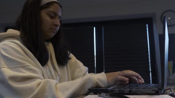 Young Girl Wearing Cream Hoodie Typing Laptop Home Schooling Lockdown — Stock Video