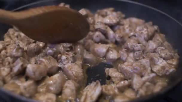 Wooden Spoon Stirring Sizzling Diced Chicken Pieces Hot Pan Dalam — Stok Video