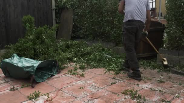 庭でエッジトリミングを掃引するために庭のブルームを使用して英国アジアの大人の男性 ロックオフ — ストック動画