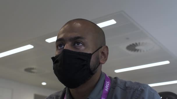 Adult Bald Asian Male Wearing Face Mask Office Low Angle — Wideo stockowe