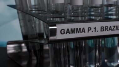 Gamma P.1 Brazil Variant Test Tube Sample Vials In Rack. Pan Right, Close Up