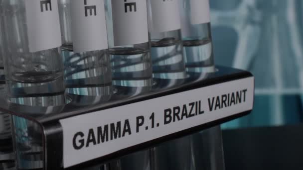Gamma Brazil Variant Test Tube Sample Vials Rack Pan Close — Αρχείο Βίντεο