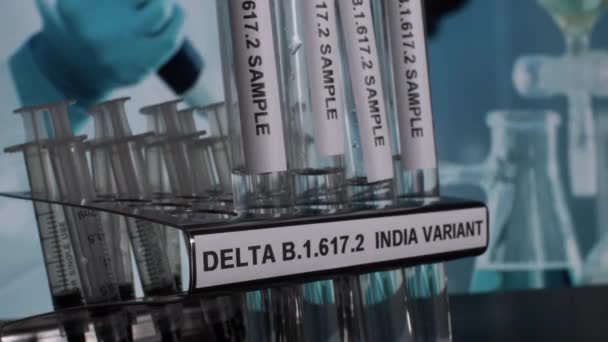 Delta 617 Indian Variant Test Tube Vials Taken Rack Locked — Αρχείο Βίντεο