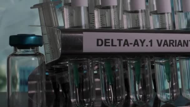 Delta Variant Test Tube Samples Rack Pan Right Close — Αρχείο Βίντεο
