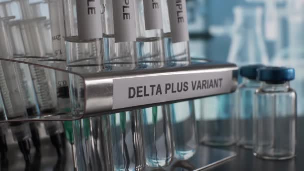 Delta Variant Probenröhrchen Vials Werden Aus Dem Regal Genommen Abgeriegelt — Stockvideo