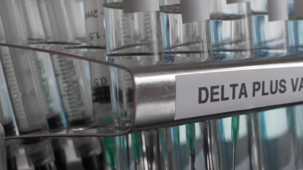 Delta Variant Test Tube Sample Vials Rack Pan Right Close — Vídeo de Stock