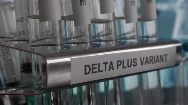 Rack Amostras Tubo Teste Variante Delta Abrandar Pan Close — Vídeo de Stock