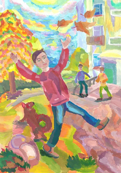 Kinderen buiten spelen van de pret in de herfst. Aquarel schilderij — Stockfoto