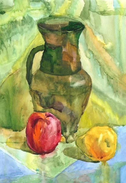 Still Life with apple, Jug and pear, Watercolor painting — Stock Photo, Image