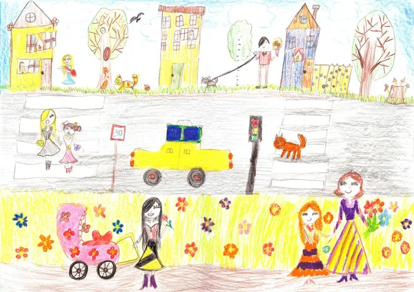 Παιδί σχέδιο ευτυχισμένη οικογένεια, δρόμος, αυτοκίνητο — Φωτογραφία Αρχείου