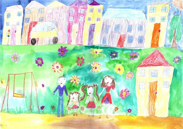 Child 's drawing happy family, building, car — стоковое фото