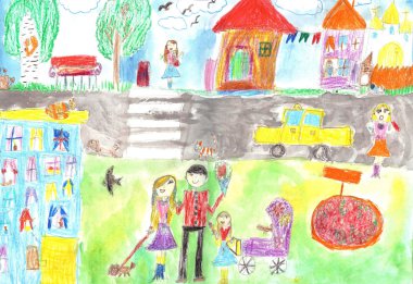 Çocuk çizim'ın mutlu bir aile, yol, araba