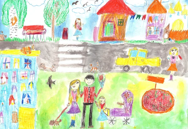 Child's drawing happy family, road, car — Stock Photo, Image