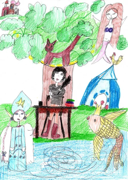 Karakterek Rajzolása Egy Tündérmeséből Ceruza Művészet Gyerekes Stílusban — Stock Fotó