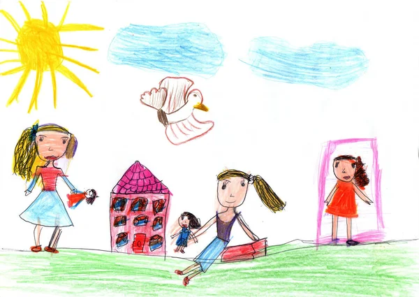 Child Drawing Happy Family Walk Outdoors Pencil Art Childish Style — Stock Photo, Image