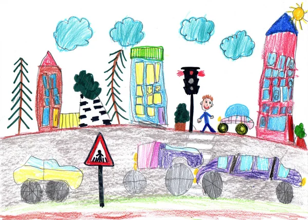 建物や車の図面 散歩中の幸せな家族 都市の人々の生活 幼少期のペンシルアート — ストック写真