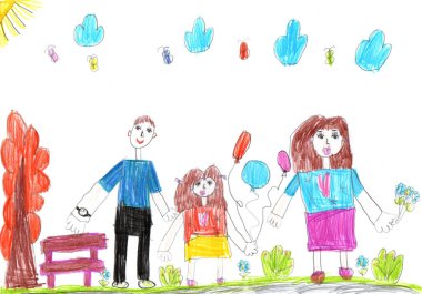 Dışarıda yürürken mutlu bir ailenin çocuk çizimi. Çocukça bir kalem sanatı