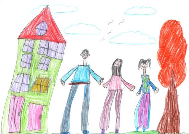 Dışarıda yürürken mutlu bir ailenin çocuk çizimi. Çocukça bir kalem sanatı