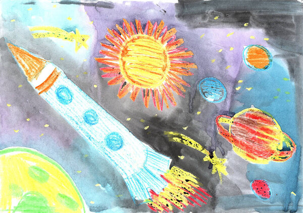 Watercolor children drawing. Flight of the rocket and astronauts in the universe and the space planets.