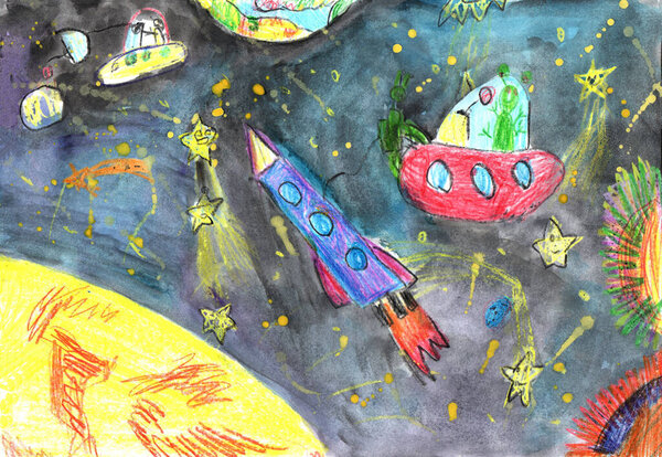 Watercolor children drawing. Flight of the rocket and astronauts in the universe and the space planets.