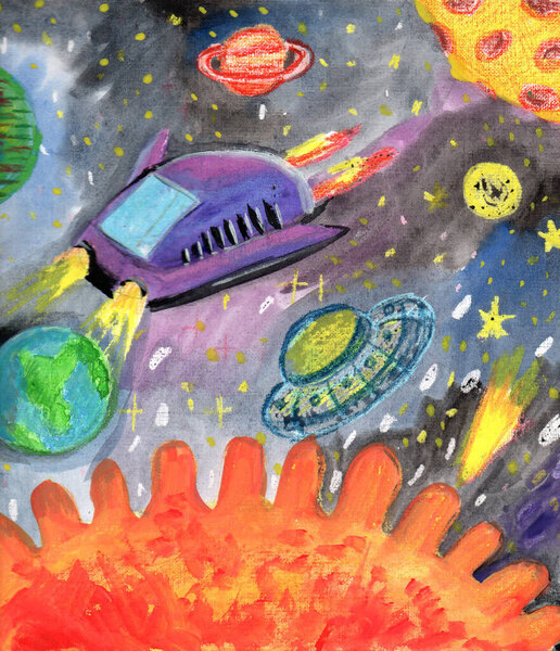 Watercolor children drawing. Flight of the rocket and astronauts in the universe and the space planets.