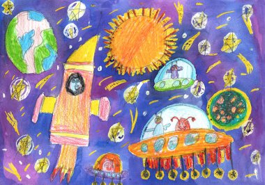 Suluboya çocuklar çiziyor. Roketin ve astronotun, evrende ve uzay gezegenlerinde uzaylılarla el çizimi uçuşu. Çocukça bir kalem sanatı.