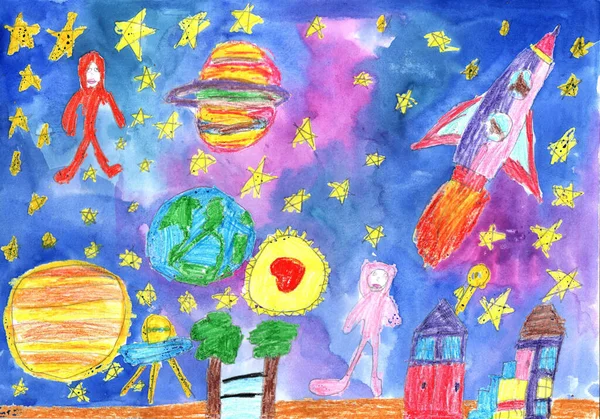 水彩画の子供たちが描く 手は宇宙と宇宙惑星のエイリアンとロケットと宇宙飛行士の飛行を描きました 幼少期のペンシルアート — ストック写真