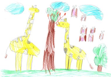 Drawing of happy animals on warm summer day. Pencil art in childish style. 