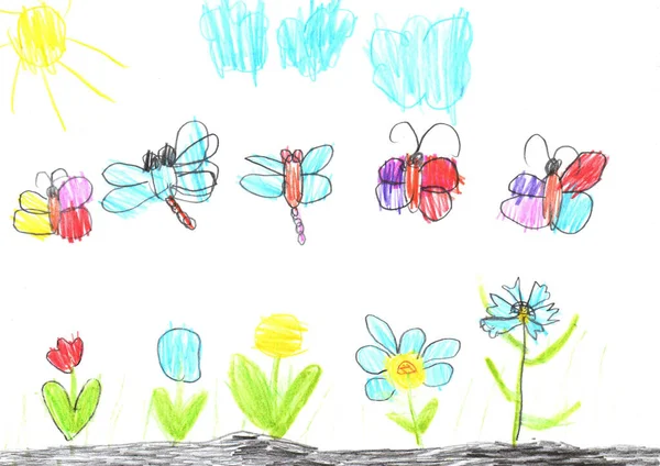 Bambino Disegno Farfalla Fiori — Foto Stock